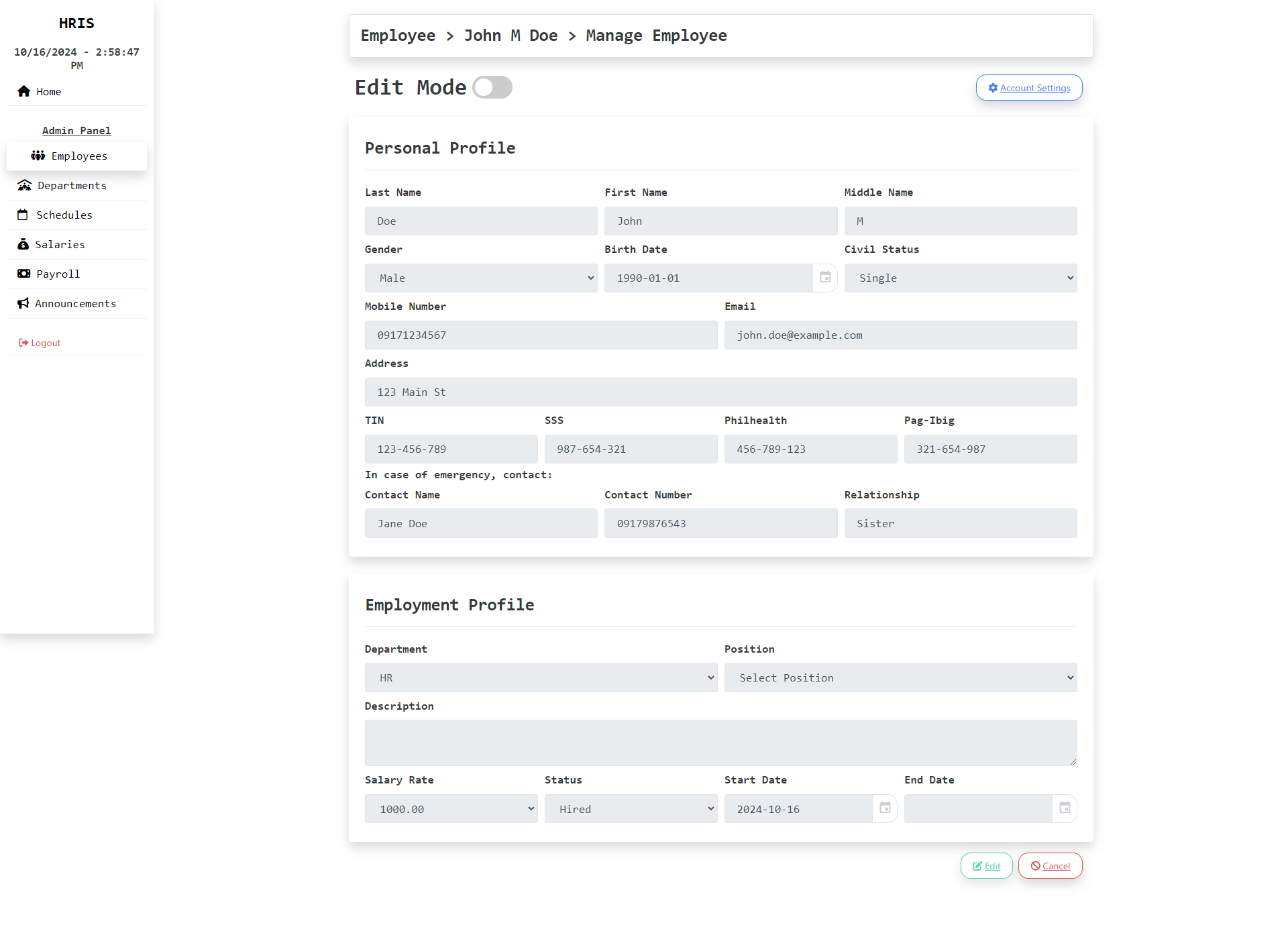 Editing employee's info