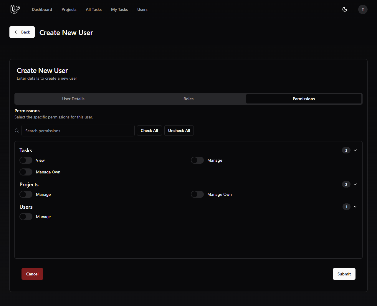 User - Create - Permissions Tab