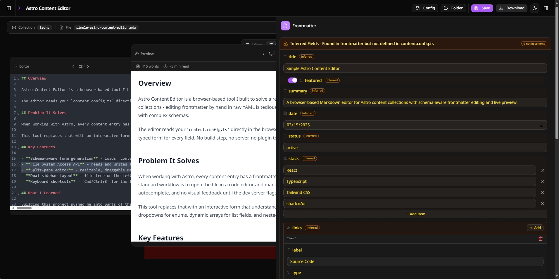 Frontmatter sidebar with a inferred schema form