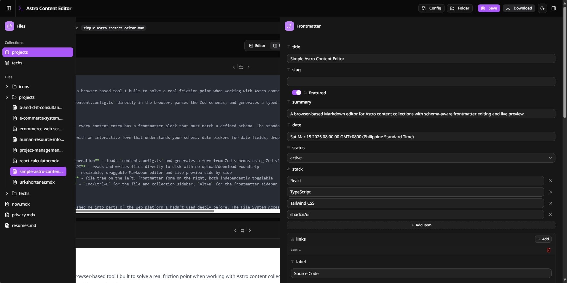 Overview of the Astro Content Editor showing the dual-sidebar layout